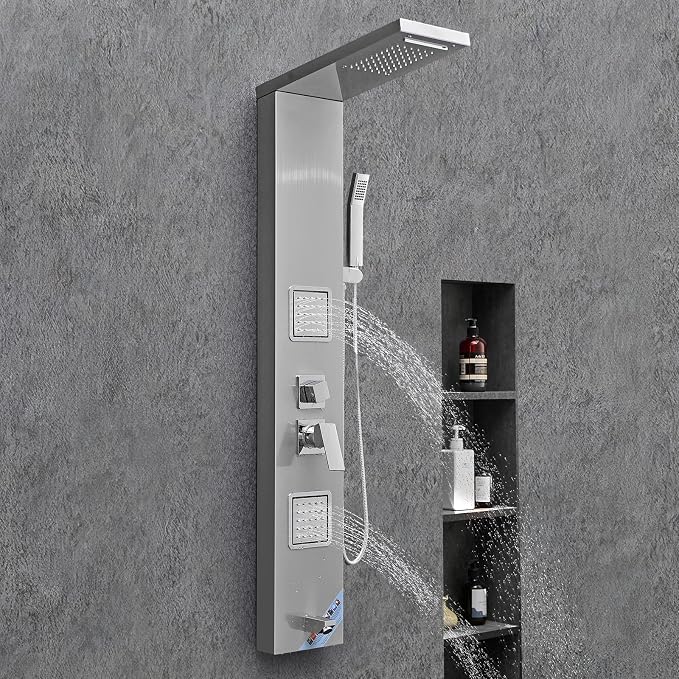 VEVOR Shower Panel Tower System with Rainfall Waterfall Shower Head, 53 in Brushed Stainless Steel Shower Column, 5-Function Faucet, Wall-Mount Rain Massage System with 2 Body Jet, Handheld, Tub Spout