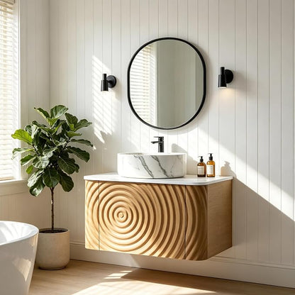24" Floating Bathroom Vanity with Sink, Mid-Century Wall Mounted Bathroom Vanity Cabinet with Waved Decor, Marble Ceramic Basin, Sintered Stone Top, Soft Close Storage Drawer, Natural