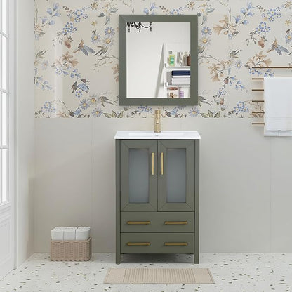 HOMEBEYOND 24 Inch Modern Bathroom Vanity with Sink & Mirror, Single Vanity Cabinet with Basin and Mirror, Dove-Tailed Drawers, Soft-Closing Doors, Wood, Vintage Green