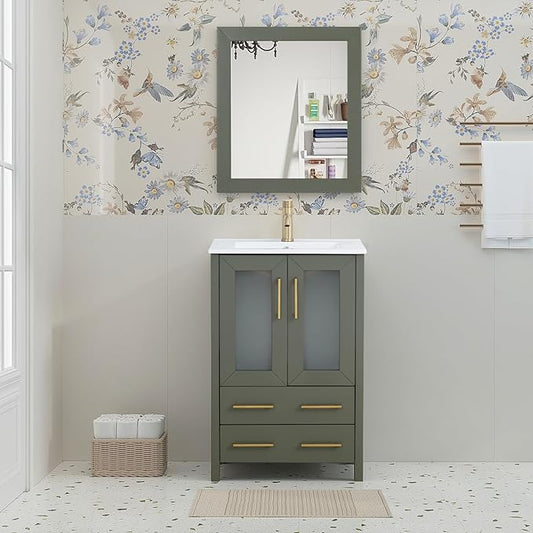 HOMEBEYOND 24 Inch Modern Bathroom Vanity with Sink & Mirror, Single Vanity Cabinet with Basin and Mirror, Dove-Tailed Drawers, Soft-Closing Doors, Wood, Vintage Green