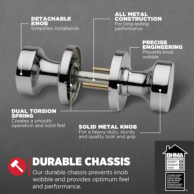 Kwikset Pismo Interior Privacy Door Knob with Lock, Door Handle for Bathroom and Bedroom, Polished Chrome Keyless Turn Lock Doorknob (Pack of 10)
