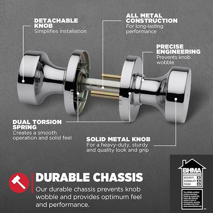 Kwikset Pismo Interior Privacy Door Knob with Lock, Door Handle for Bathroom and Bedroom, Polished Chrome Keyless Turn Lock Doorknob (Pack of 4)