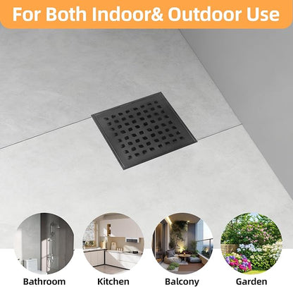 6-Inch Square Shower Drain Kit with Bonding Flange, Matte Black | Removable 304 stainless steel grate with hair strainer; fits 2- and 3-inch pipes for tiled shower floors and wet areas