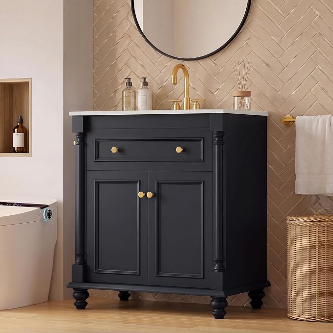 YESHOMY 30" Bathroom Vanity with Sink, Bathroom Storage Cabinet | Bathroom Vanity, Solid Wood, Integrated Ceramic Basin, 1 Flip-Down Drawer, 2 Doors & Adjustable Shelf, Dark Blue