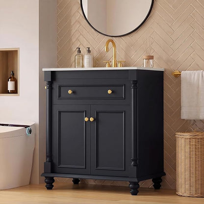 YESHOMY 30" Bathroom Vanity with Sink, Bathroom Storage Cabinet | Bathroom Vanity, Solid Wood, Integrated Ceramic Basin, 1 Flip-Down Drawer, 2 Doors & Adjustable Shelf, Dark Blue