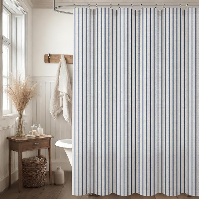 Farmhouse Striped Shower Curtain Navy Blue Vintage Linen Curtain 72W X 84L | Extra Long Striped Shower Curtains with Linen Texture for Bathroom Decor