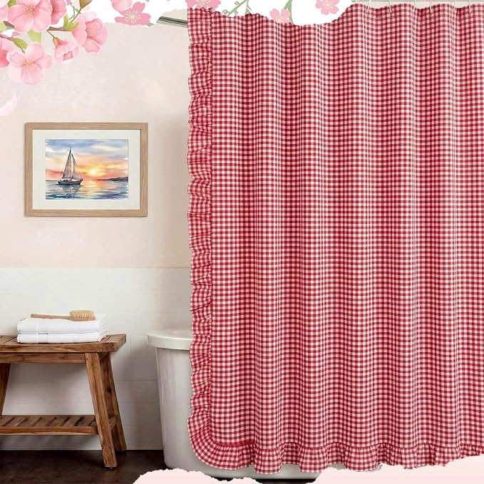 HunnmingRe Ruffled Gingham Shower Curtain Red | 72'' x 72'' Vintage Farmhouse Curtain, Cotton Cottage Core Rural Checkered Plaid Decor, Fall Shower Curtain for Bathroom