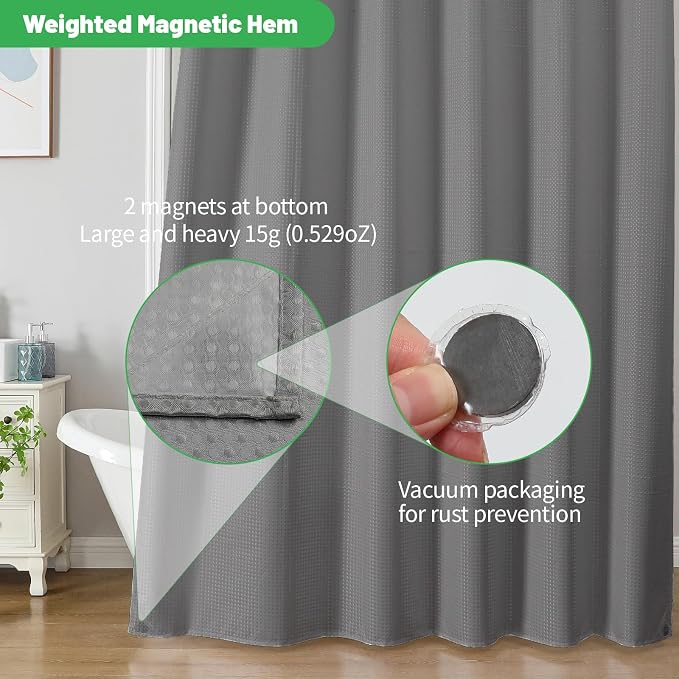 No Hook Waffle Shower Curtain, No Liner Needed Separate, 71x80 Inch, Grey | 100% waterproof TPU-laminated backing, magnetic weighted hem, machine washable, shower curtain set for bathroom or hotel use