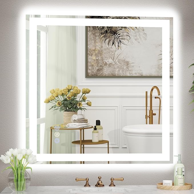 36x36 LED Bathroom Mirror, 6000LM, Separate Front and Back Lights | UL Certified,Shatter-Resistant Tempered Glass,Auto-Off Defogger,3 Color Modes,Smooth Dimming,Smart Memory Setting