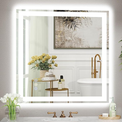 36x36 LED Bathroom Mirror, 6000LM, Separate Front and Back Lights | UL Certified,Shatter-Resistant Tempered Glass,Auto-Off Defogger,3 Color Modes,Smooth Dimming,Smart Memory Setting