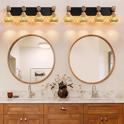 LmnLvn 4-Light Bathroom Vanity Light, Boho Farmhouse Handmade Bamboo Shade | Wood & Black Metal Frame, Rustic Vanity Lighting, Mounted Over Mirror, Easy To Install for Restroom, Bedroom & Hallway