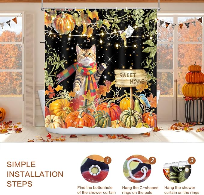 Shower Curtain Fall, Thanksgiving Shower Curtain for Bathroom 72x72 | Harvest Grape Pumpkin Shower Curtains Scarf Cat Autumn Maple Leaves Waterproof Washable Home Farmhouse Decor Bath Curtains