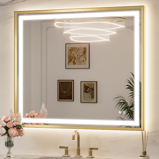 Keonjinn 42x36 Inch Gold LED Bathroom Mirror with Lights, Beveled Edge | Frontlit & Backlit, Lighted Bathroom Mirror, HD Tempered Glass, 3 Color Temperatures, Anti-fog, Stepless Dimmable