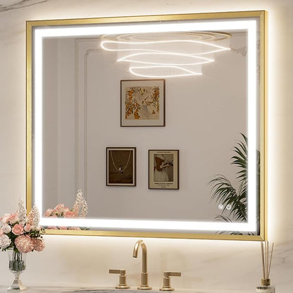 Keonjinn 42x36 Inch Gold LED Bathroom Mirror with Lights, Beveled Edge | Frontlit & Backlit, Lighted Bathroom Mirror, HD Tempered Glass, 3 Color Temperatures, Anti-fog, Stepless Dimmable