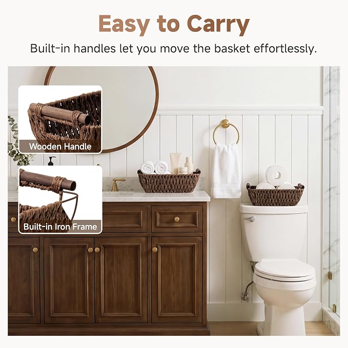 StorageWorks Small Baskets for Organizing, Woven Basket for Shelves | Wicker Storage Baskets for Shelves, Baskets with Wooden Handles, 2-Pack Gifts Basket for Home Decor, Hand-Woven Basket