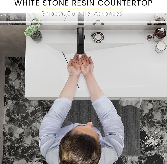 QJ&XY Resin Bathroom Sink 40" Wall Mounted V-Shaped White Basin with Towel Rack, Floating Vanity Sink in Soft-Touch Finish (Single Tier)