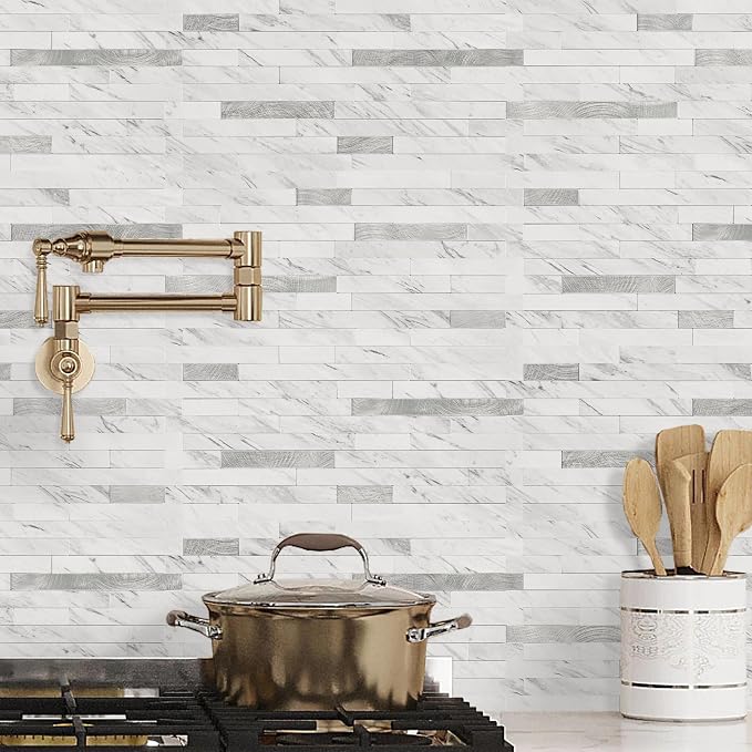 STICKGOO 2 Sheets Peel and Stick Backsplash Tile, Stick on Backsplash for Kitchen and Bathroom, White Marble Look PVC Mixed Metal Silver Self Adhesive Wall Tiles