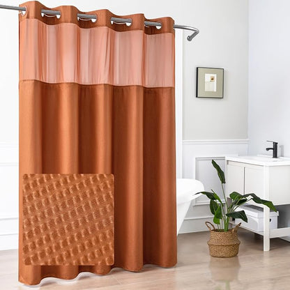 No Hook Shower Curtain with Snap-in Liner 71x74, Terracotta | Embossed Waffle-Look Textured, Sheer Window, Soft & Lightweight, Water Repellent Clay Fabric Shower Curtain for Bathroom