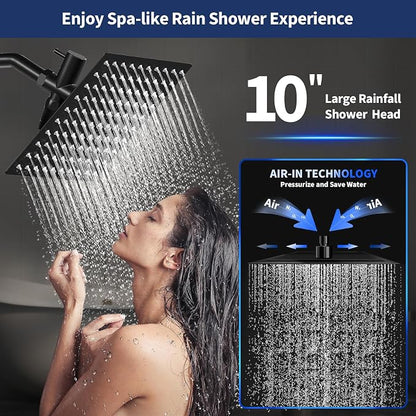 Airlex Shower Head Rain Shower Head with Handheld Spary, High Pressure Rainfall Showerhead and 4 Modes Handheld Shower Heads Built-in Power Wash with 71 Inch Stainless Steel Hose, 10'' Matte Black