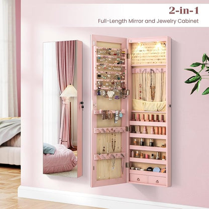 LDAILY Jewelry Armoire Wall or Door Mounted, Full-Length Mirror with Storage, Lockable Mirror Jewelry Cabinet w/ 2 Drawers, LED Lights, Over the Door Jewelry Organizer Box for Women Girls