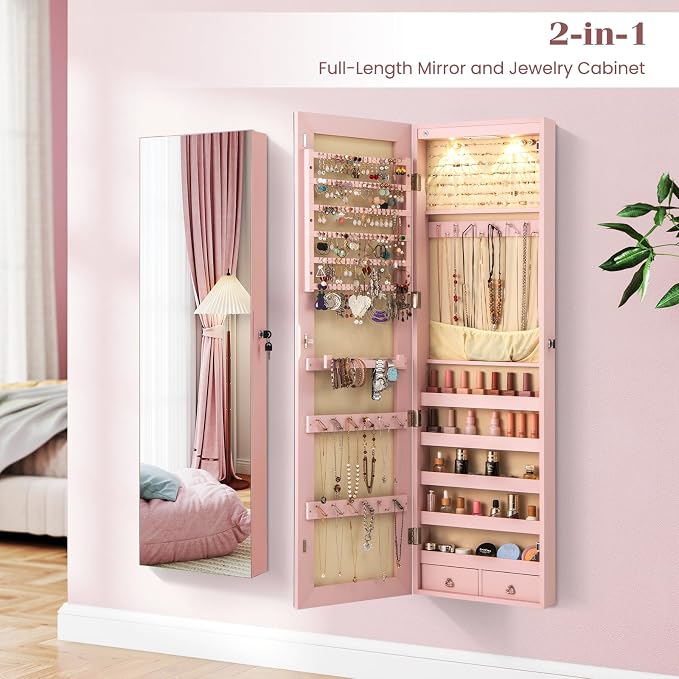 COSTWAY Wall Mounted Jewelry Armoire with Full Length Mirror & 2 LED Lights, Large Storage Capacity, Lockable Mirror Jewelry Cabinet for Women Girls (Pink)