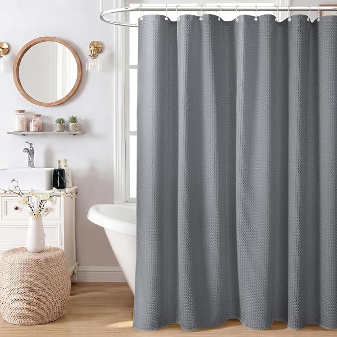 Extra Long Waffle Shower Curtain 256 GSM Fabric 72x90 Grey/Gray | 90 Inch Tall, Thick Cloth, Weighted Hem, Water Repellent, Hotel Luxury Polyester Shower Curtain Set for Bathroom 12 Hooks