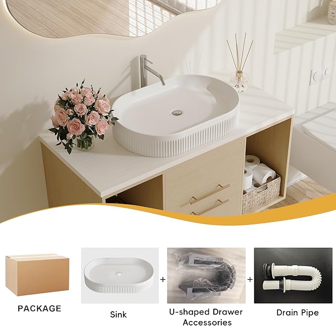 38.2 inch Modern Floating Bathroom Vanity with Sink, Wall Mounted Bathroom Cabinet with Oval Fluted Ceramic Sink, Pure White Counter Top, 2 Soft Closing Drawers & Open Storage Shelf