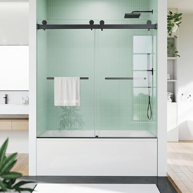 Bathtub Shower Door, 60" W x 59" H Sliding Shower Door for Standard 60 Inch Bathtubs, 1/4" (6mm) SGCC Tempered Glass with Matte Black Finish and 304 Stainless Steel Hardware