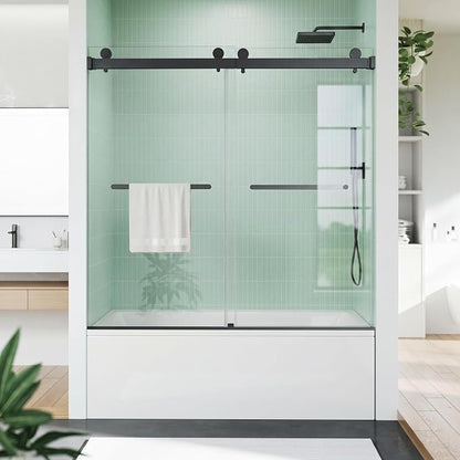 Bathtub Shower Door, 60" W x 59" H Sliding Shower Door for Standard 60 Inch Bathtubs, 1/4" (6mm) SGCC Tempered Glass with Matte Black Finish and 304 Stainless Steel Hardware