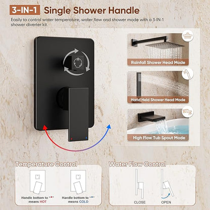 Shower System with Tub Spout, All Metal Matte Black Shower Faucet Set with Valve, 10'' Rain Shower Head with Handheld Spray, 59'' Shower Hose and Diverter, Wall Mounted Bath Tub Faucet Set