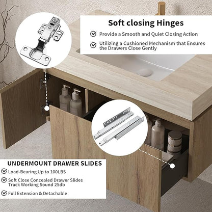 LKTART Floating 36 Inch Bathroom Vanity with Sink, Modern Plywood Wall Mounted Bathroom Storage Cabinet with 1 Door and 1 Drawer, Roma Travertine-Pattern Sintered Stone Countertop and Ceramic Basin