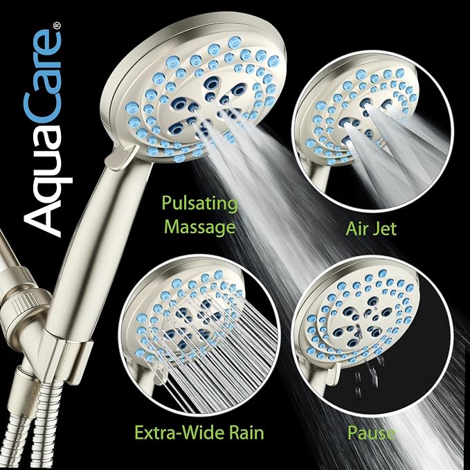 AquaCare New 8-mode High Pressure Handheld Shower Head w/ 2-way Power Wash | Stay Clean Nozzles, Dual Power Wash for Tub, Tile & Pets, Long 6 ft. Stainless Steel Hose, Wall & Overhead Brackets / Nickel