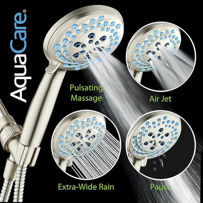 AquaCare New 8-mode High Pressure Handheld Shower Head w/ 2-way Power Wash | Stay Clean Nozzles, Dual Power Wash for Tub, Tile & Pets, Long 6 ft. Stainless Steel Hose, Wall & Overhead Brackets / Nickel