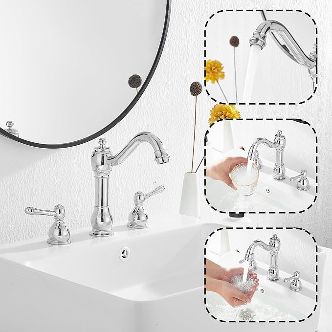 GGStudy 2 Handles 3 Holes Faucet Widespread Bathroom Sink Faucet Basin Tap Mixer Supply Hose Included Matching Pop Up Drain Polished Chrome