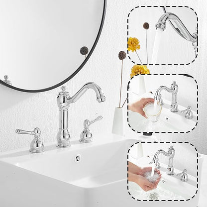 GGStudy 2 Handles 3 Holes Faucet Widespread Bathroom Sink Faucet Basin Tap Mixer Supply Hose Included Matching Pop Up Drain Polished Chrome