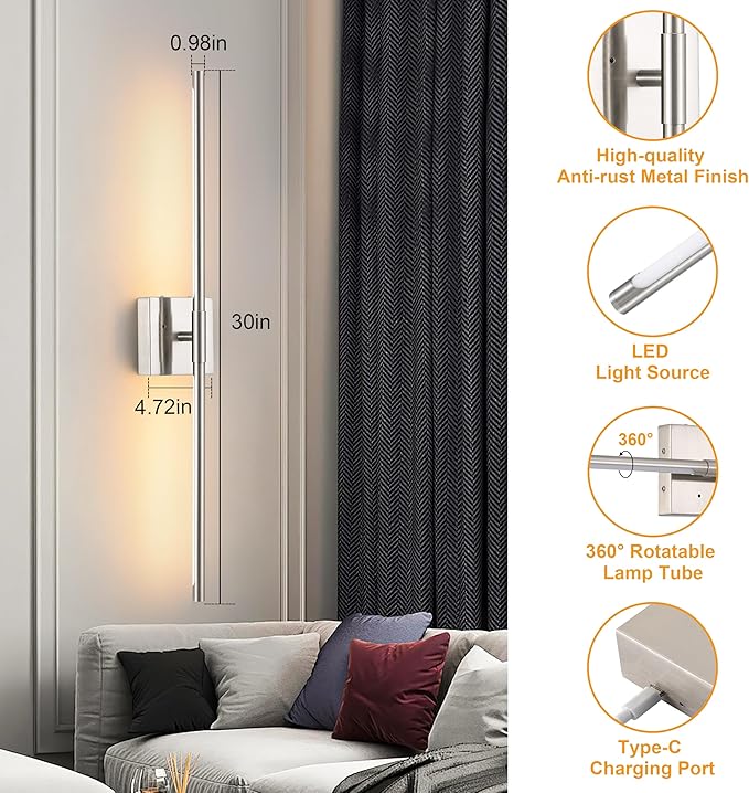 Battery Operated Wall Sconces Set of 2, Dimmable Battery Wall Sconce with Remote Control, Sand-Nickel LED Rechargeable Sconces, 30 Inch Modern Wireless Wall Lights for Bedroom, Living Room