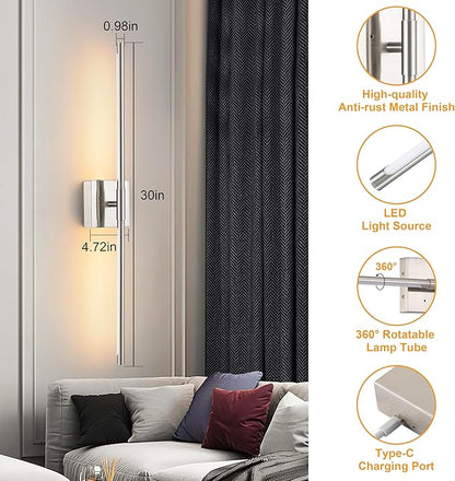Battery Operated Wall Sconces Set of 2, Dimmable Battery Wall Sconce with Remote Control, Sand-Nickel LED Rechargeable Sconces, 30 Inch Modern Wireless Wall Lights for Bedroom, Living Room