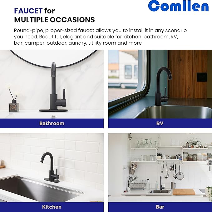 Comllen Matte Black Bar Faucets, Black Bathroom Faucet 1 Hole, 360° Swivel, Small Single Handle Bar Sink Faucet with Deck Plate for Bathroom Bar Kitchen RV Camper Outdoor Laundry Vanity Lavatory