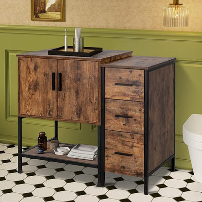 UEV 36" Antique Bathroom Vanity, Dark Brown Bathroom Vanity Set with 3 Drawers Side Cabinet Combo, Iron Wood Bathroom Cabinet for Bathroom (Without Sink)