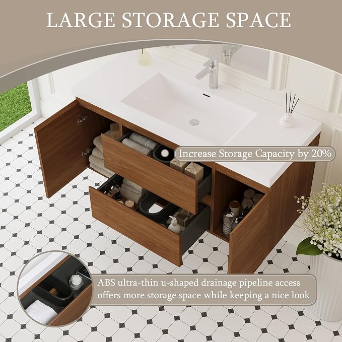 Floating Bathroom Vanity with Sink, 48" Wall-Mounted Bathroom Storage Vanity Cabinet with Resin Top Basin and Soft Close Drawers, No Assembly Required, Honey Gold Walnut