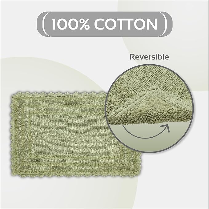 Better Trends Lilly Crochet 24x40 Reversible Bath Rugs and Bath mats for Bathroom, Luxurious 100% Cotton Bath Rug & Water Absorbent Bathroom Mat - Sage Green Bath Matt