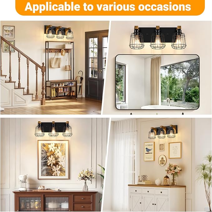 Dpyrrhic 3-Light Bathroom Light Fixtures, Wood Bathroom Wall Lights, Modern Bathroom Vanity Light with Cage Metal Shade, Bathroom Wall Lamp for Mirror Kitchen Bedroom Living Room