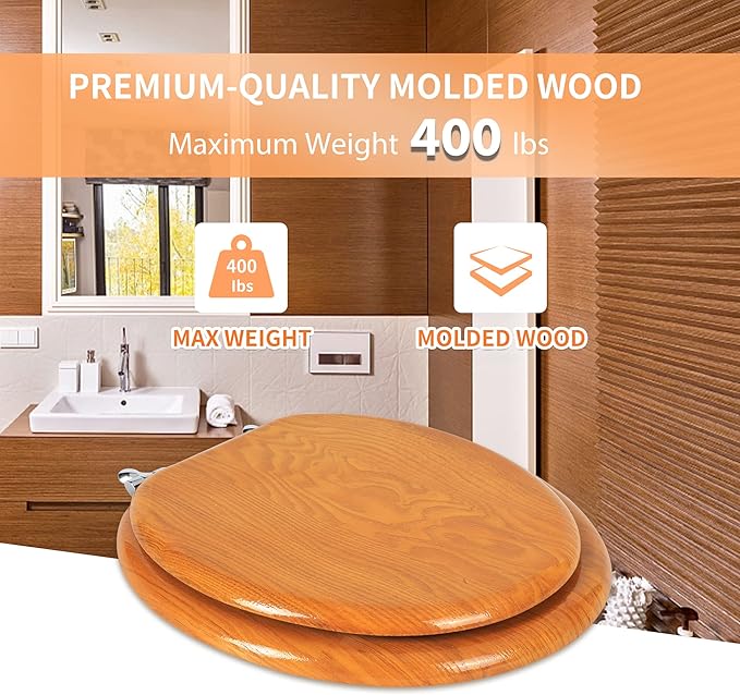 Angel Shield Durable Wood Veneer Natural Toilet Seat Metal Hinged Easy Clean Anti-scratch American Standard(Round,Wood Color)