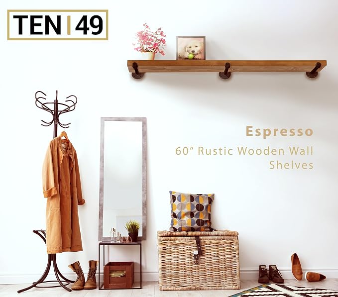 TEN49 Real Wood Rustic Floating Shelves Wall - 60 Wide Small Wooden Industrial Pipe Shelving 1.8 Thick - Farmhouse Pipe Wall Shelves Furniture Bathroom Decor Art Shelf - Dark Espresso Color - Set of 1