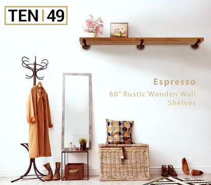 TEN49 Real Wood Rustic Floating Shelves Wall - 60 Wide Small Wooden Industrial Pipe Shelving 1.8 Thick - Farmhouse Pipe Wall Shelves Furniture Bathroom Decor Art Shelf - Dark Espresso Color - Set of 1