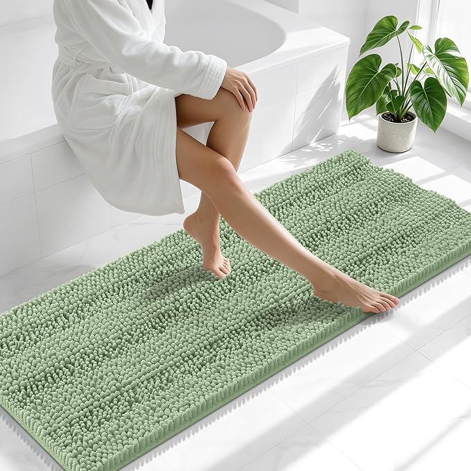 Smiry Thick Chenille Bathroom Runner Rugs 47x20, Soft Bath Mat, Sage Green | Quick‑Dry & Machine Washable, Non‑Slip Bath Carpet, Striped Bath Rugs for Tub & Shower, Modern Home Decor Accessories