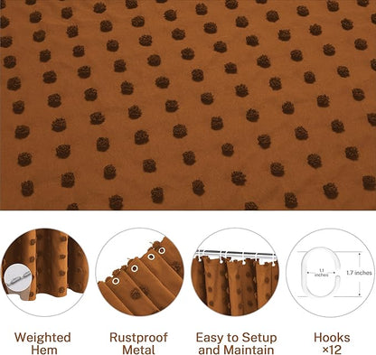 Boho Farmhouse Pumpkin Orange Shower Curtain Woven Fabric Shower Curtain, 72 x 72 Tufted Pleat Floral Puffs Textured Modern Farmhouse Minimalist Shower Curtain Set with Hooks for Bathroom