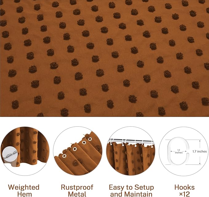 Extra Long Boho Farmhouse Shower Curtain Woven Fabric Pumpkin Orange Shower Curtain, 72 x 78 Tufted Pleat Floral Puffs Textured Modern Farmhouse Minimalist Shower Curtain Set with Hooks for Bathroom