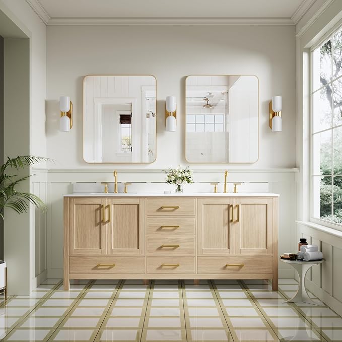 80-Inch Bathroom Vanity with Sink, 4 Soft-Close Doors and 6 Soft-Close Drawers, Bathroom Freestanding Vanity with Cultured Marble Countertop, Oak Vanity W/Gold Handles