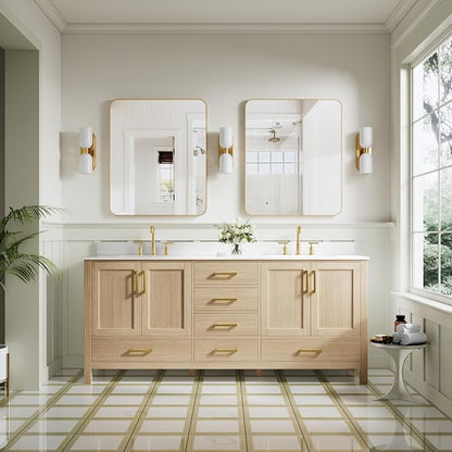 80-Inch Bathroom Vanity with Sink, 4 Soft-Close Doors and 6 Soft-Close Drawers, Bathroom Freestanding Vanity with Cultured Marble Countertop, Oak Vanity W/Gold Handles